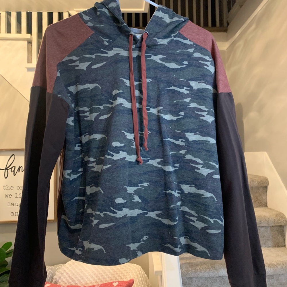 Camo colorblock hoodie. Orange, brown, & Camo.